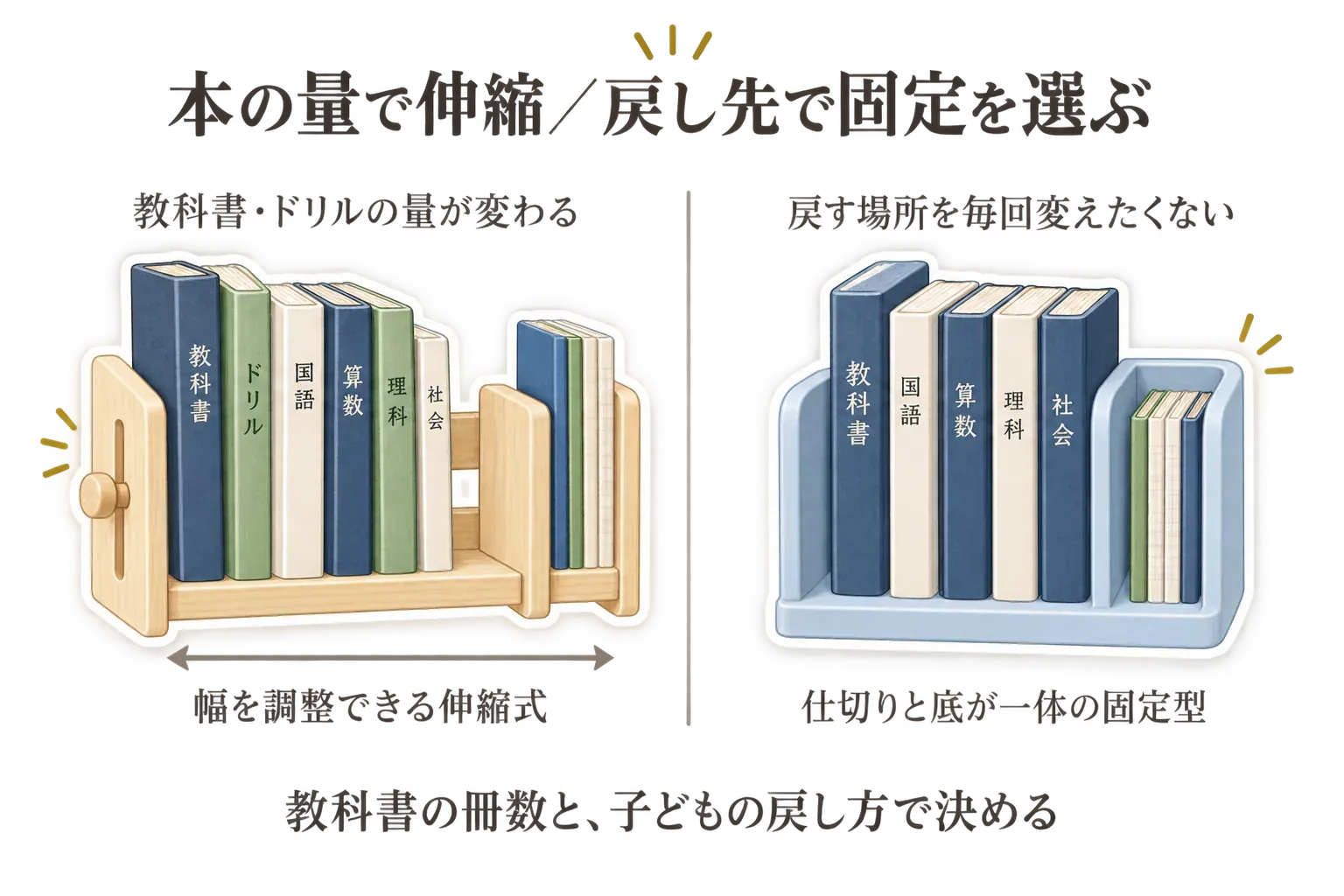 教科書とドリルの量が変わる家庭には幅を調整できる伸縮式、戻す場所を毎回変えたくない家庭には仕切りと底が一体の固定型を選ぶことを、2種類のブックスタンドと本のイラストで示す図。