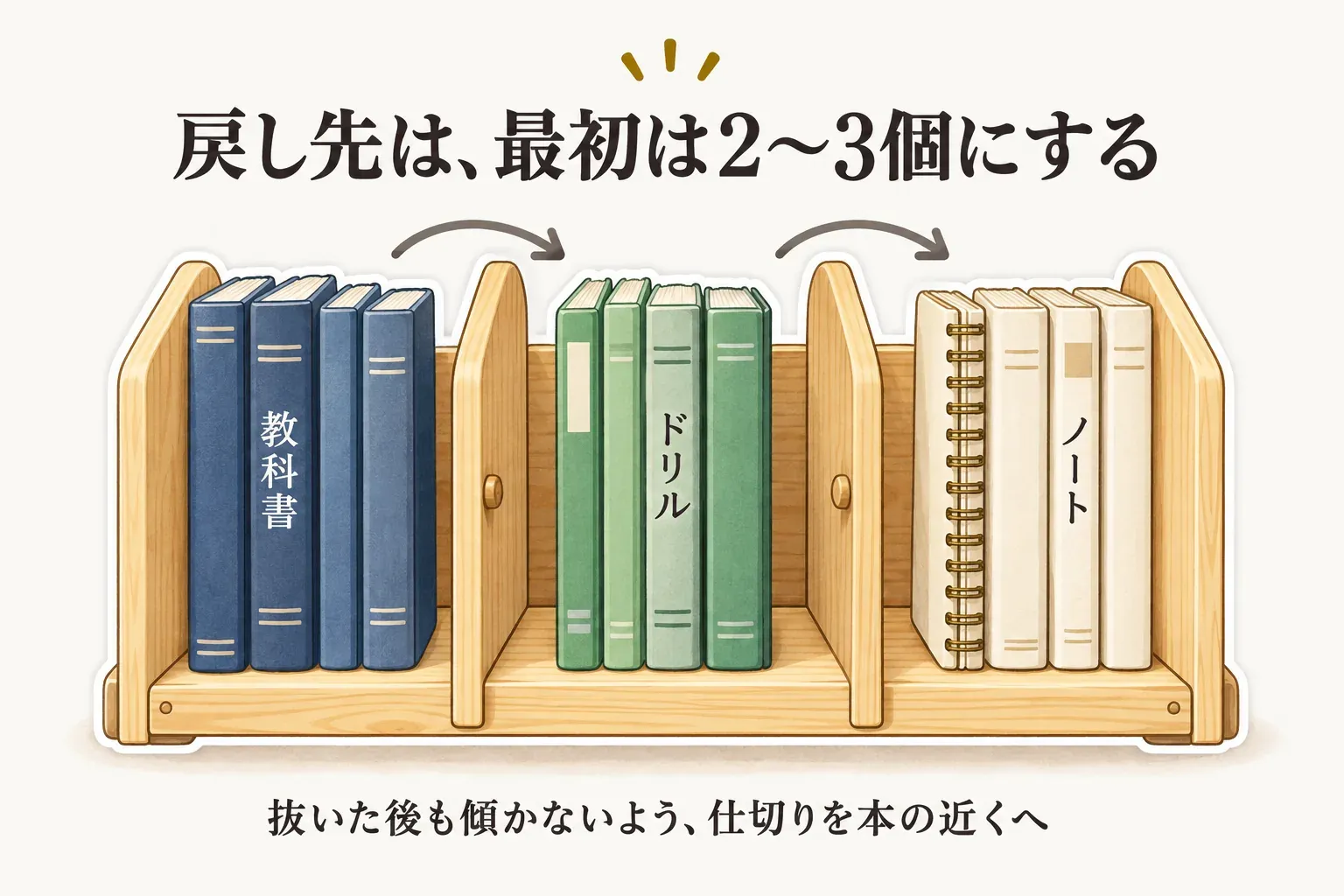 ブックスタンドの戻し先を教科書、ドリル、ノートの2〜3個に分ける例。抜いた後も本が傾かないよう仕切りを本の近くに置くことを、3区画の本立てのイラストで示す図。