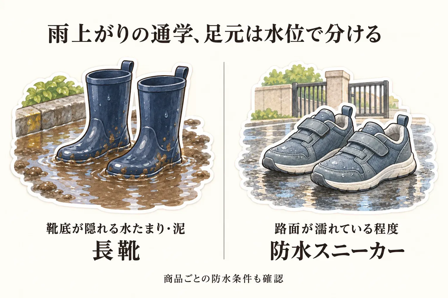 雨上がりの通学の靴選びを足元の水位で分ける図。靴底が隠れる水たまりや泥には長靴、路面が濡れている程度には防水スニーカーを示し、商品ごとの防水条件も確認するよう案内している。