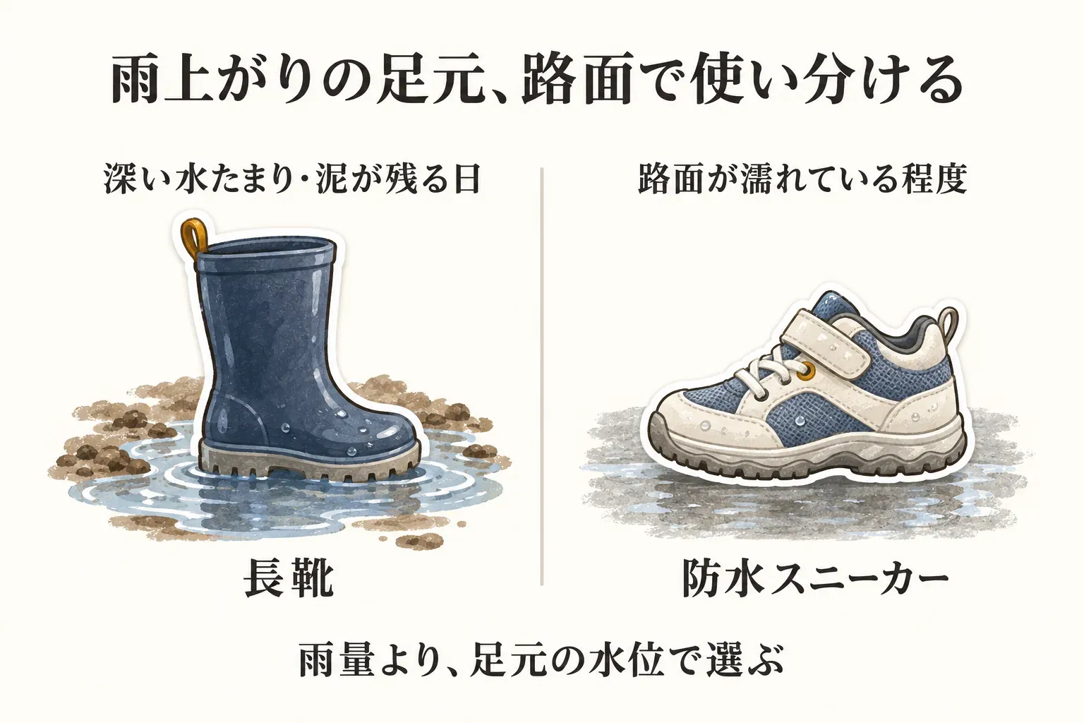 雨上がりの足元を路面状況で使い分ける図。深い水たまりや泥が残る日は長靴、路面が濡れている程度の日は防水スニーカーを選び、雨量ではなく足元の水位で選ぶことを示している。