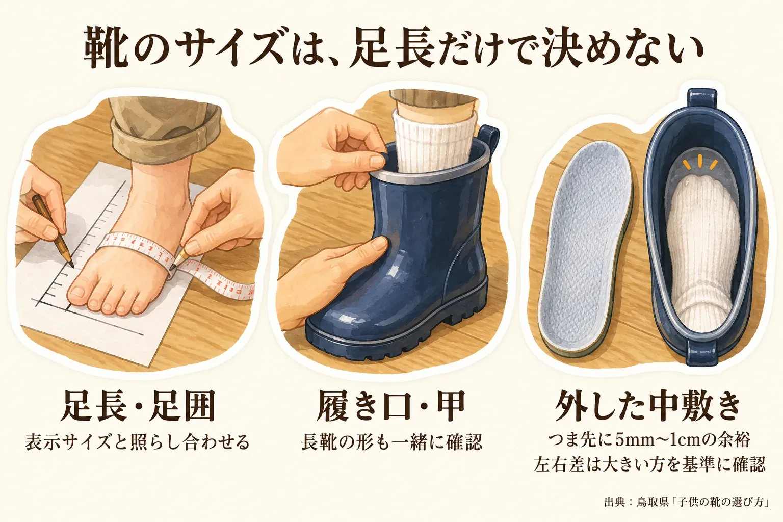 子どもの靴サイズを足長だけで決めないための確認図。足長・足囲を表示サイズと照らし合わせ、長靴の履き口と甲を確認し、外した中敷きに足を合わせてつま先に5mm〜1cmの余裕を取り、左右差は大きい方の足を基準にする。出典：鳥取県「子供の靴の選び方」。