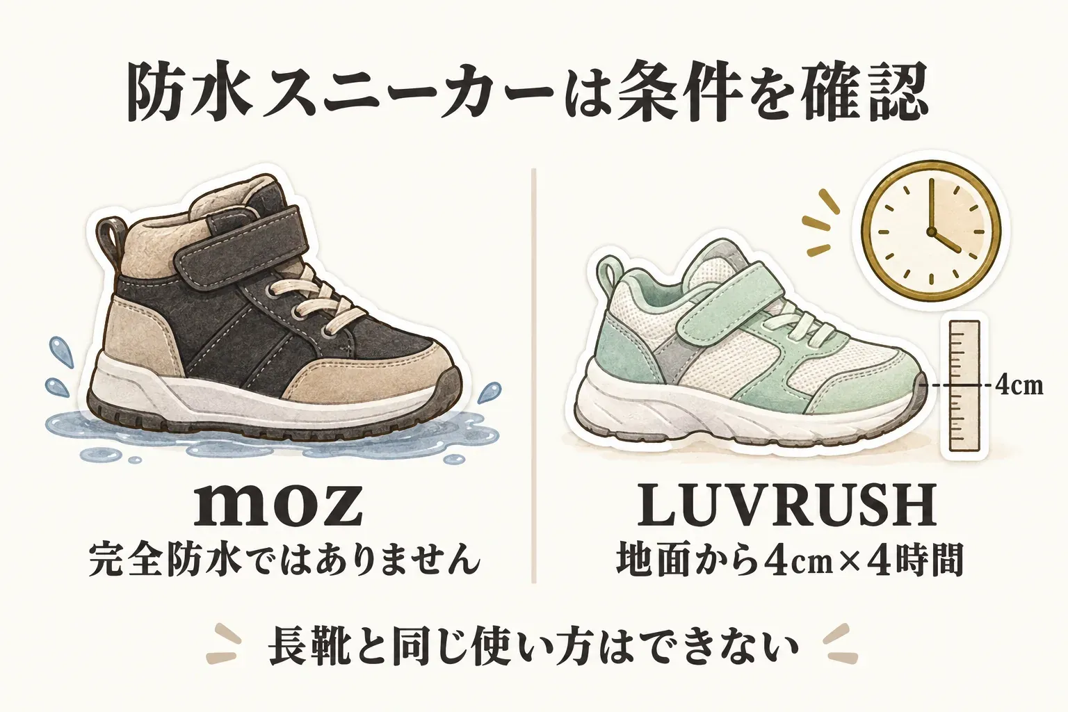 防水スニーカーの防水条件を比較する図。mozは完全防水ではなく、LUVRUSHは地面から4cmで4時間の防水設計であるため、長靴と同じ使い方はできないことを示している。