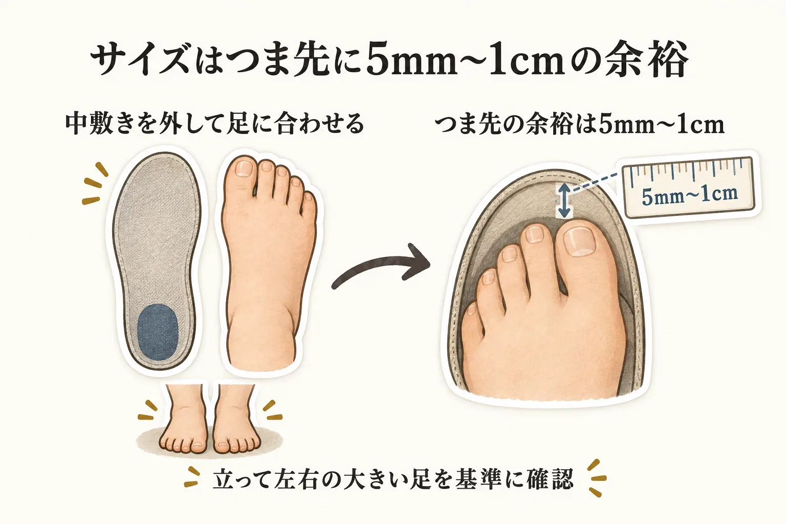靴のサイズ選びで中敷きを外して足に合わせ、つま先に5mm〜1cmの余裕を確認する図。子どもを立たせて左右の大きい足を基準にし、余ったサイズを放置しないよう示している。
