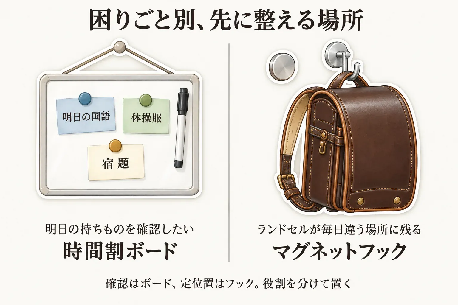 時間割ボードとランドセル用マグネットフックの役割を並べた図。左は「明日の国語」「体操服」「宿題」のメモを貼った時間割ボードで翌日の持ちもの確認を、右はランドセルを掛けたマグネットフックで定位置づくりを示し、確認はボード、定位置はフックと説明している。