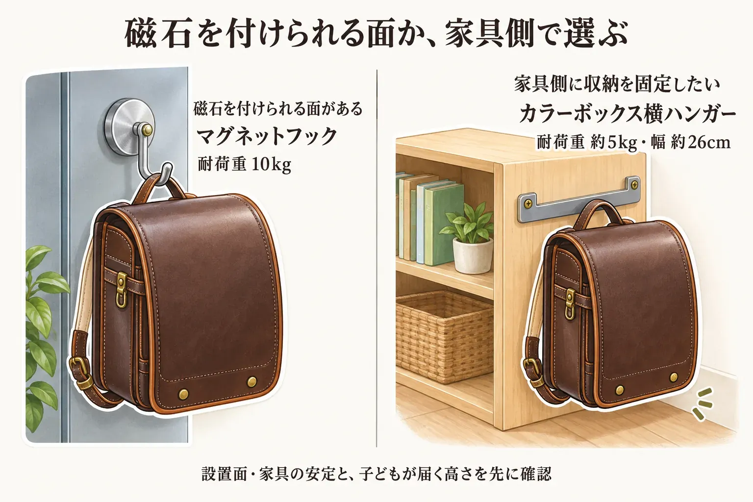 ランドセルの掛け場所を選ぶ2方式の比較図。左は磁石を付けられる金属面に耐荷重10kgのマグネットフックを付けてランドセルを掛ける例、右はカラーボックス横に耐荷重約5kg・幅約26cmのハンガーを固定してランドセルを掛ける例で、設置面・家具の安定・子どもが届く高さを確認するよう示している。