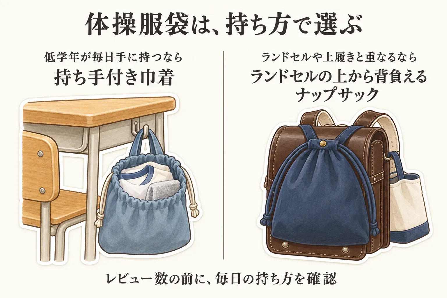 小学生の体操服袋の持ち方を比較する図。低学年が毎日手に持つ場合は、体操服とタオルを入れた持ち手付き巾着を机のフックに掛ける様子、ランドセルや上履きと荷物が重なる場合は、ランドセルの上からナップサックを背負う様子を示している。
