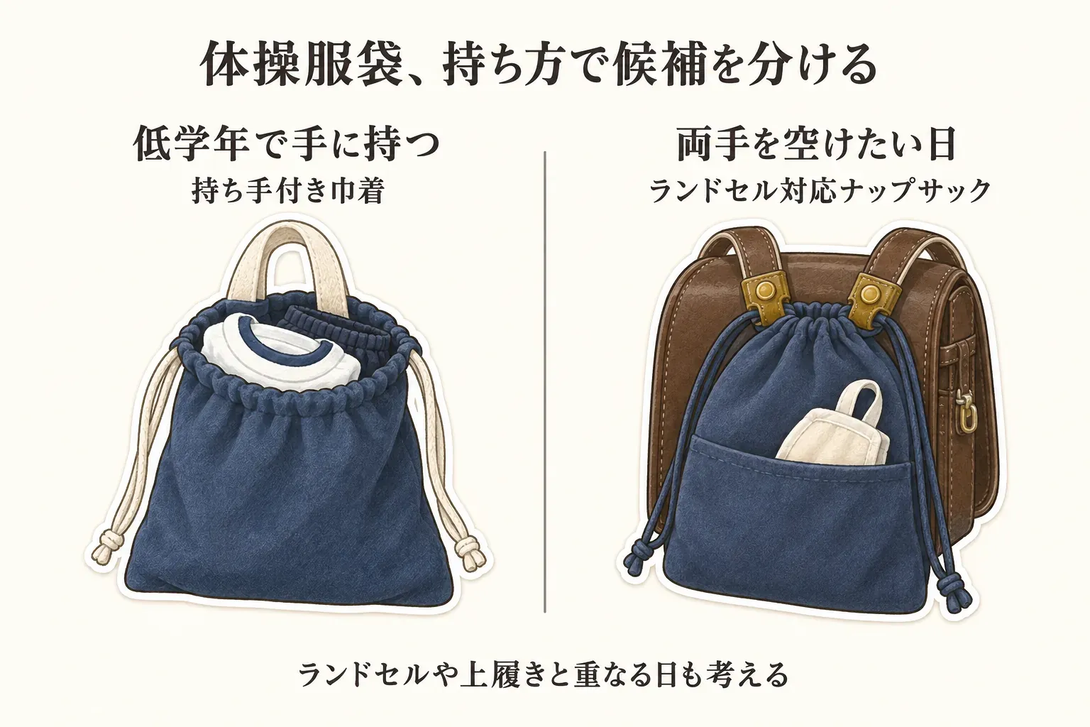 体操服袋を持ち方で選ぶ図。低学年で手に持つ場合は、体操服を入れた持ち手付き巾着、両手を空けたい日は、ランドセルに固定して背負うナップサックを候補として示している。