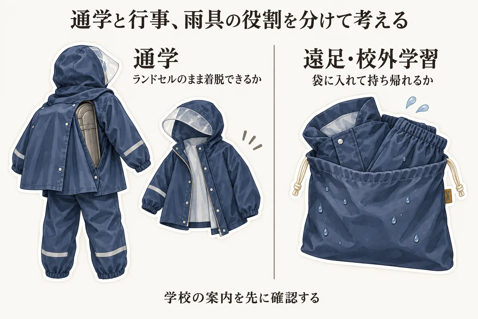 通学と遠足・校外学習で雨具の役割を分けた図。通学ではランドセルを背負ったまま着脱できる上下レインスーツ、遠足・校外学習では濡れた上下レインスーツを巾着袋に入れて持ち帰る場面を示し、学校の案内を先に確認するよう案内している。