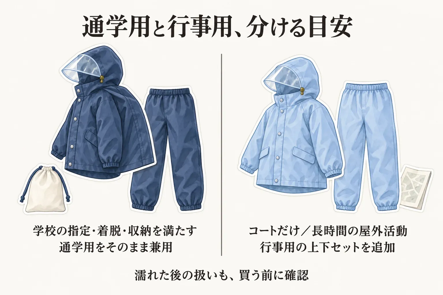 通学用と行事用のレインスーツを分ける目安の図。学校の指定・着脱・収納を満たす上下セットは通学用を兼用し、通学用がコートだけまたは長時間の屋外活動がある場合は行事用の上下セットを追加すること、濡れた後の扱いも購入前に確認することを示している。
