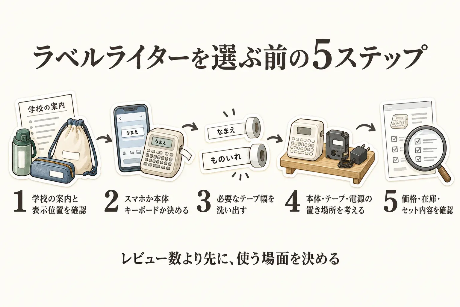 ラベルライターを選ぶ前の5ステップを示す図。学校の案内と表示位置を確認し、スマホか本体キーボードかを決め、必要なテープ幅を洗い出し、本体・テープ・電源の置き場所を考え、価格・在庫・セット内容を確認する流れを示している。レビュー数より先に使う場面を決めるよう案内している。