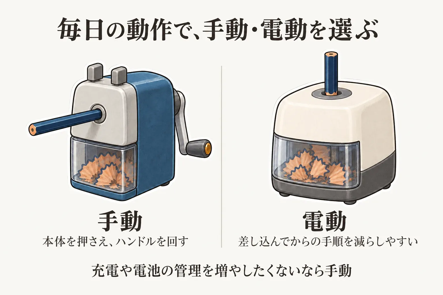 手動と電動の鉛筆削りを毎日の動作で比較する図。手動は本体を押さえてハンドルを回し、電動は鉛筆を差し込んで削る手順を減らしやすいこと、充電や電池の管理を増やしたくない場合は手動が候補になることを示している。