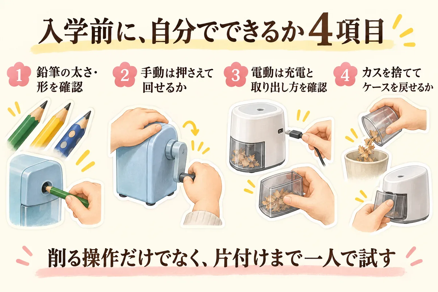 入学前に子どもが鉛筆削りを自分で使えるか確認する4項目の図。鉛筆の太さ・形の確認、手動で本体を押さえてハンドルを回せるか、電動の充電と鉛筆の取り出し方、削りカスを捨ててケースを戻せるかを、イラストで示している。