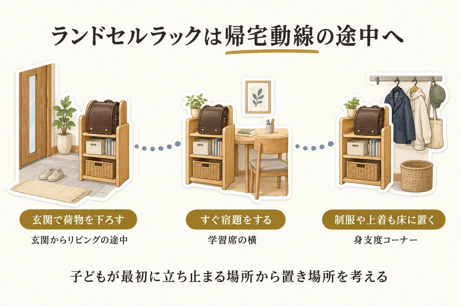 ランドセルラックを帰宅動線の途中に置く3例。玄関で荷物を下ろす場合は玄関からリビングへの途中、すぐ宿題をする場合は学習席の横、制服や上着も床に置く場合は身支度コーナーに置くことを、ランドセルラックと室内のイラストで示す図。