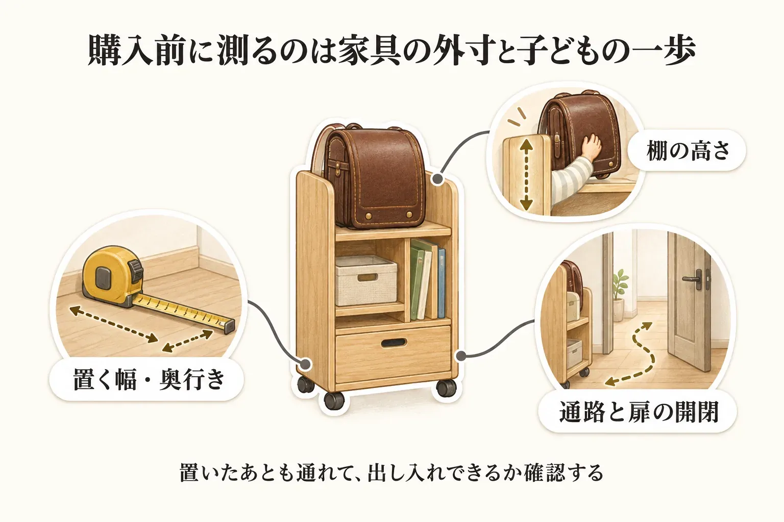 ランドセルラック購入前の確認項目を示す図。ラックの置く幅・奥行き、子どもがランドセルを置ける棚の高さ、ラックを置いた後の通路と扉の開閉を、メジャー、子どもの手、開いた扉のイラストで説明している。