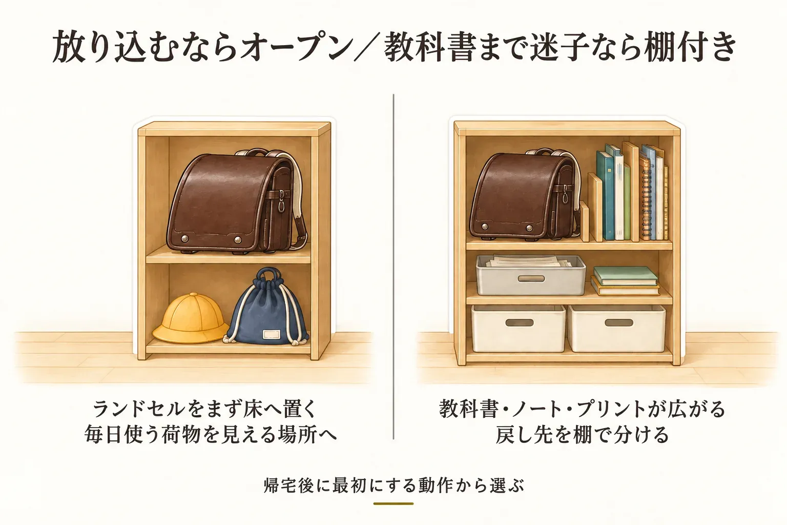 オープン型と棚付きランドセルラックの使い分けを示す図。左はランドセル・帽子・袋物を見える棚に置くオープン型、右はランドセルに加えて教科書・ノート・プリントを棚で分ける棚付き型を描き、帰宅後に最初にする動作から選ぶことを示している。