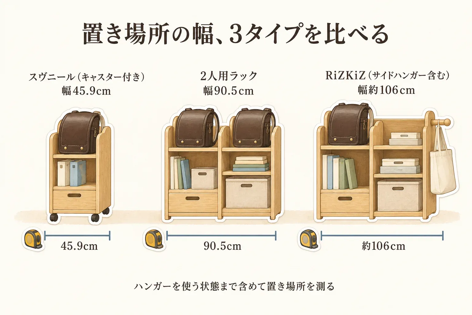 ランドセルラック3タイプの設置幅を比べる図。キャスター付きスヴニールは幅45.9cm、2人用ラックは幅90.5cm、サイドハンガーを含むRiZKiZは幅約106cmで、ハンガーを使う状態まで含めて置き場所を測ることを示している。