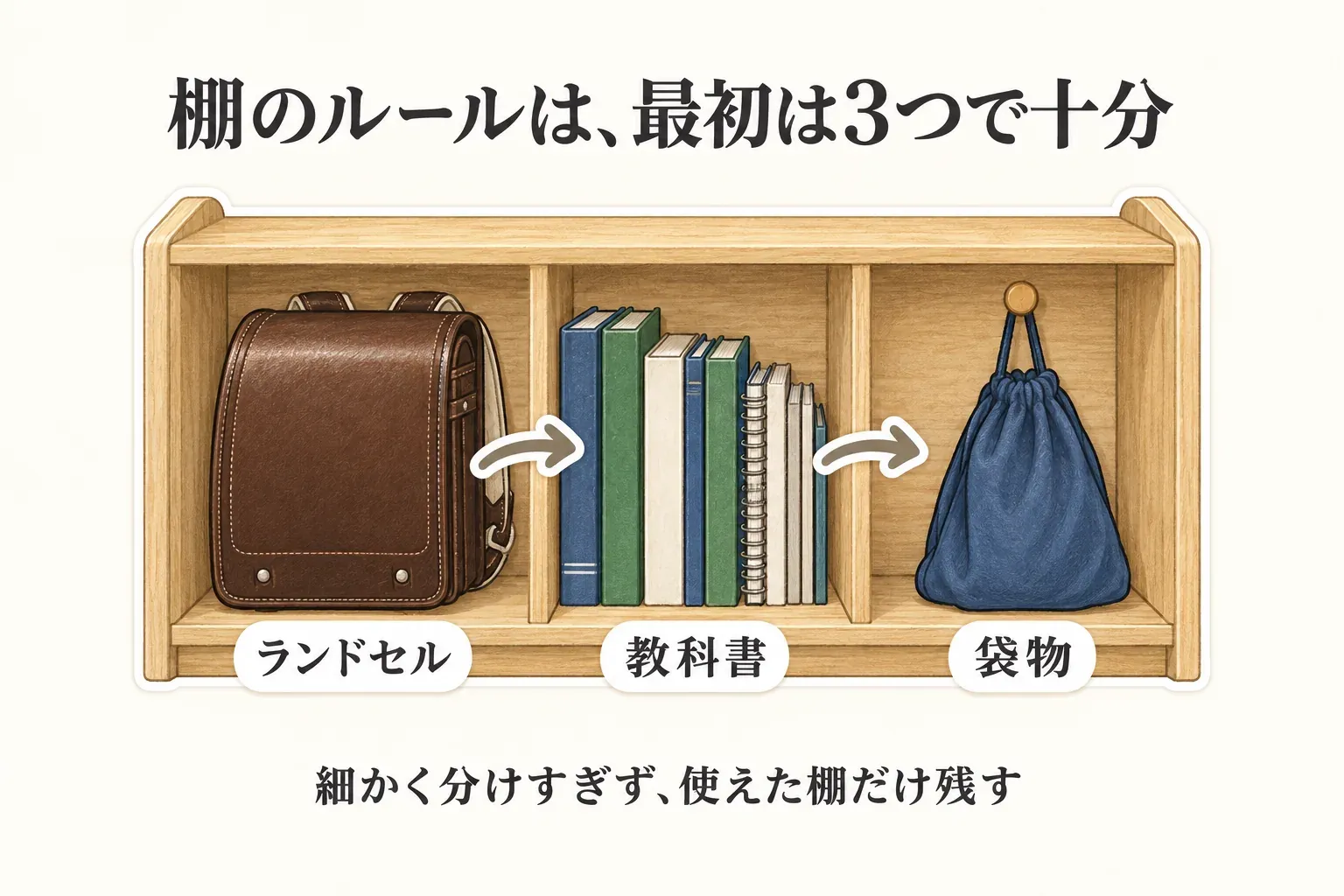 棚付きランドセルラックの戻し先を3つに分ける例。左からランドセル、中央に教科書・ノート、右に袋物を置く棚を矢印で示し、細かく分けすぎず使えた棚だけ残す考え方を説明している。