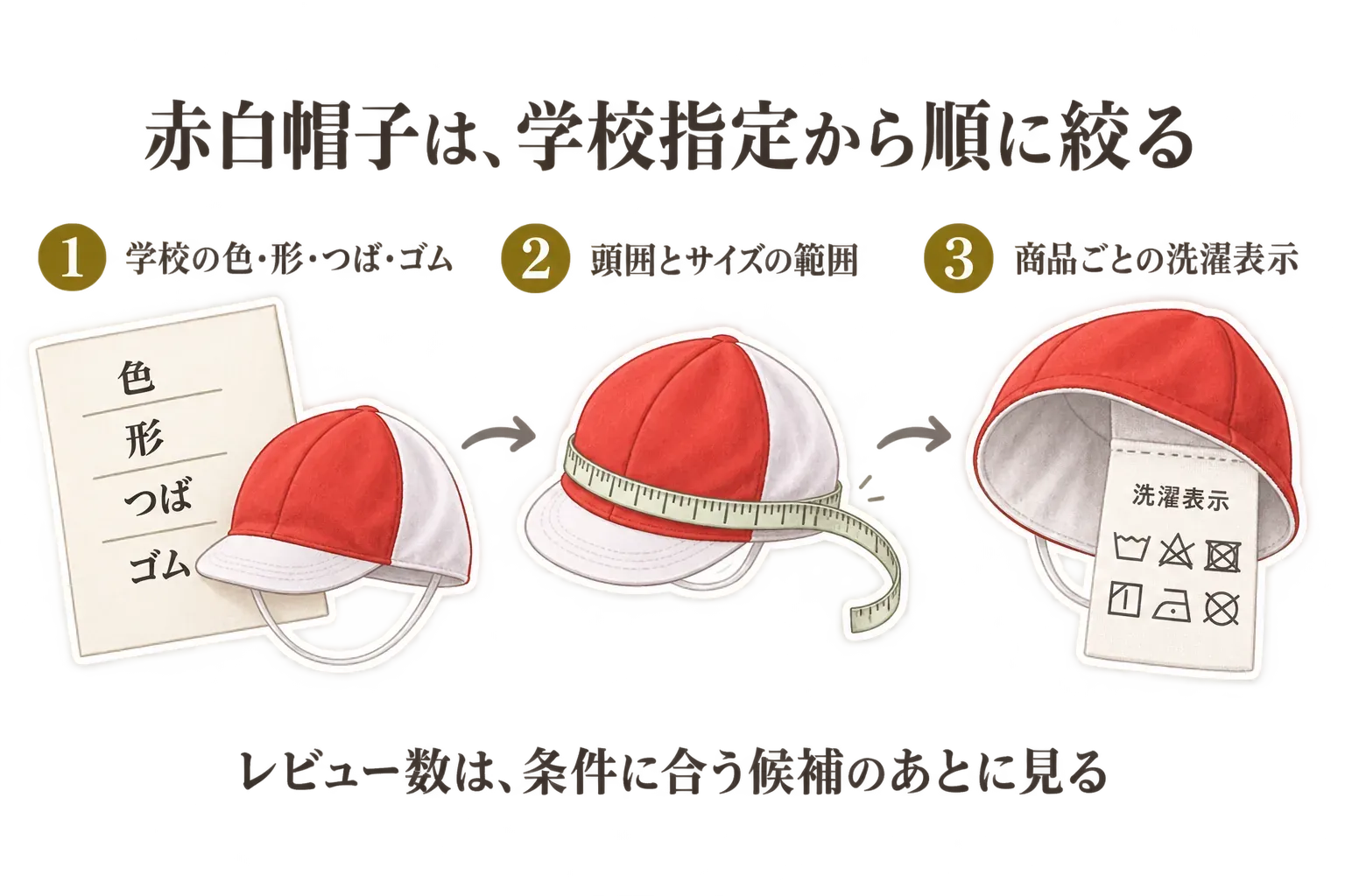 赤白帽子を選ぶ順番を示す図。1番目に学校指定の色・形・つば・ゴムを確認し、2番目に帽子をかぶる位置の頭囲を測ってサイズ範囲を確認し、3番目に商品ごとの洗濯表示を確認する流れと、条件に合う候補を絞った後にレビュー数を見ることを示している。