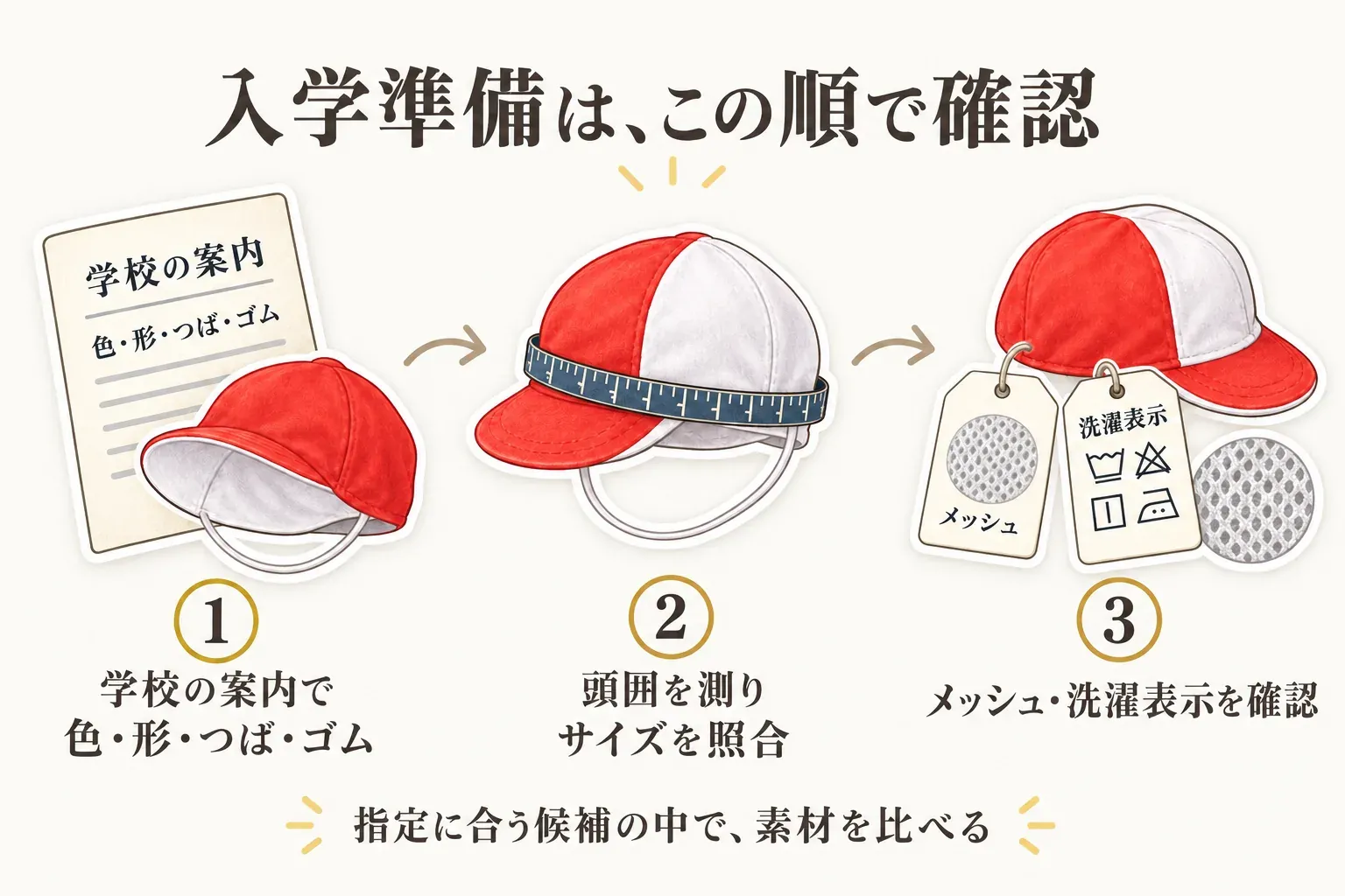 赤白帽子の選び方を学校指定、頭囲、洗濯表示の順で示す図。学校の案内で赤白リバーシブル、つば、あごゴム、記名位置を確認し、帽子をかぶる位置の頭囲と商品サイズを照らし合わせ、最後に洗濯表示を確認してから、条件に合う商品のレビュー数を見る流れを示している。