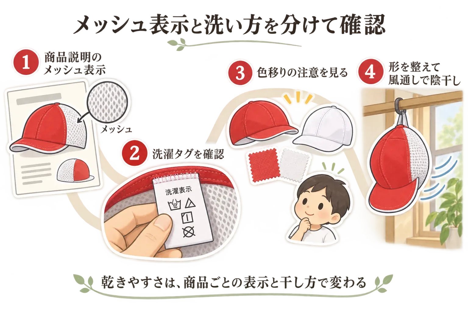 メッシュ素材の赤白帽子を洗濯・乾燥するときの確認手順を示す図。商品説明のメッシュ表示を確認し、洗濯タグを確認し、赤と白の色移りの注意を見てから、形を整えて風通しのよい場所で陰干しする4段階を示している。乾きやすさは商品ごとの表示と干し方で変わる。
