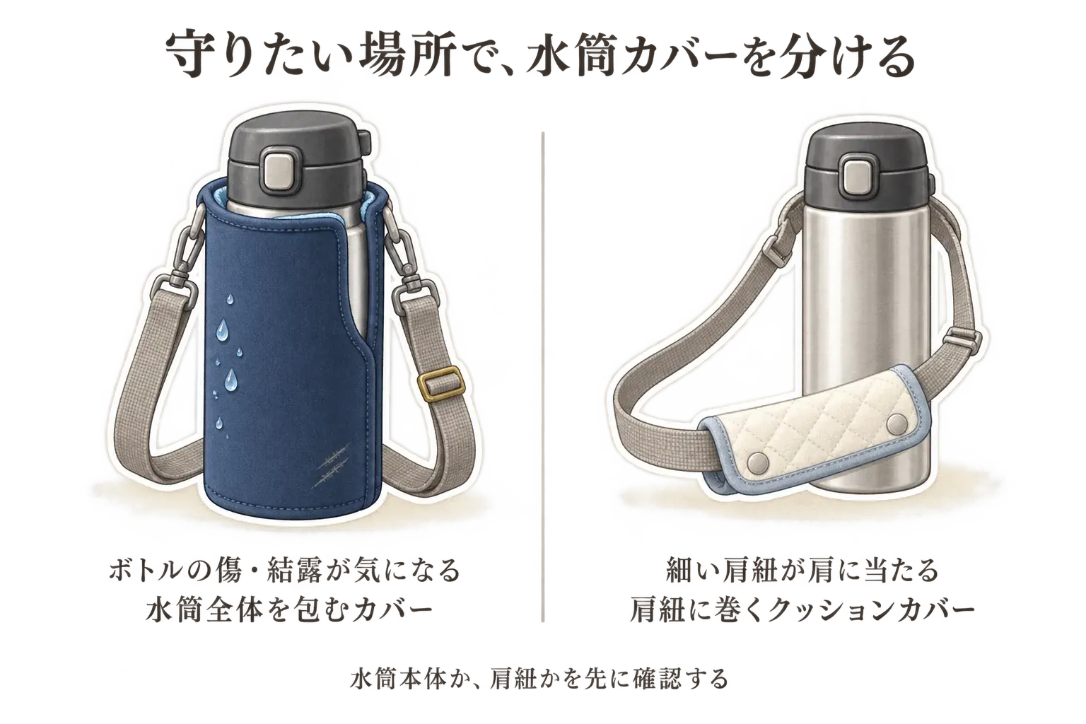 水筒カバーの守る場所を示す図。ボトル全体を包むカバーは傷や結露を抑え、付属ストラップで肩掛けできる一方、細い肩紐の当たりには肩紐へ巻くクッションカバーを使うことを示している。