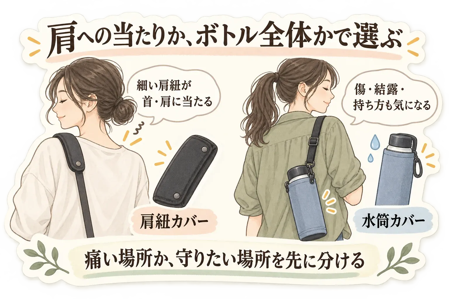 水筒の細い肩紐が首や肩に当たる場合は肩紐カバー、ボトルの傷・結露や持ち方も気になる場合は水筒カバーを選ぶ図。痛い場所か守りたい場所かを先に分けるよう示している。