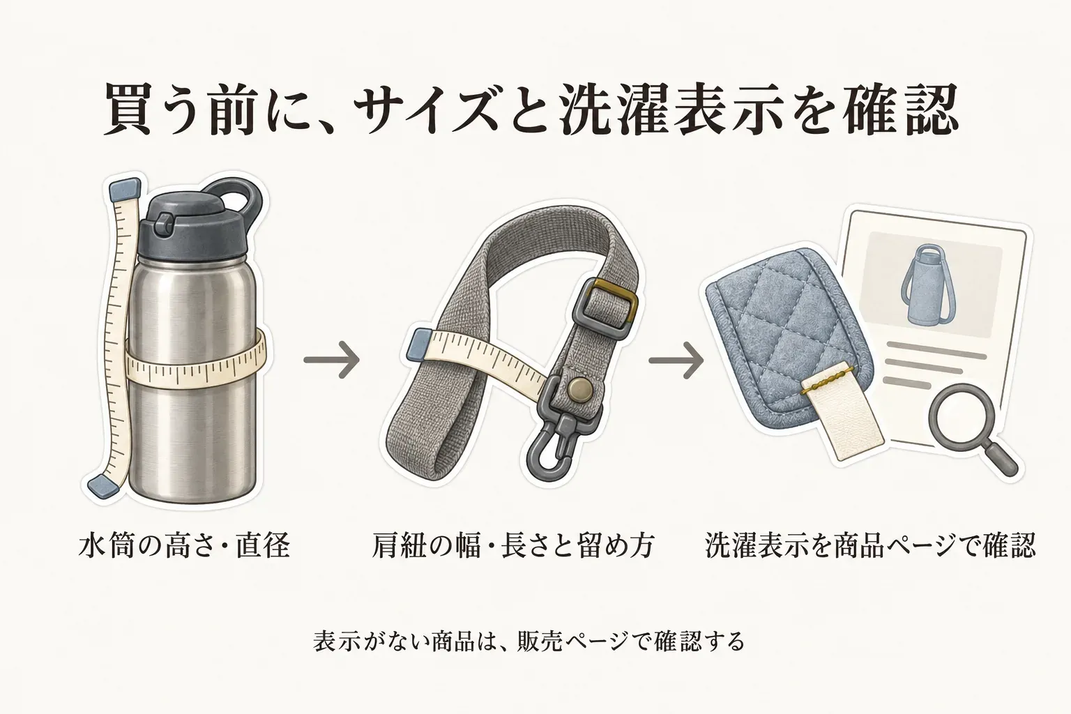水筒カバー・肩紐カバーを買う前の確認順を示す図。水筒の高さ・直径、肩紐の幅・長さと留め方、商品ページの洗濯表示を順に確認し、表示がない場合は販売ページで確認するよう案内している。