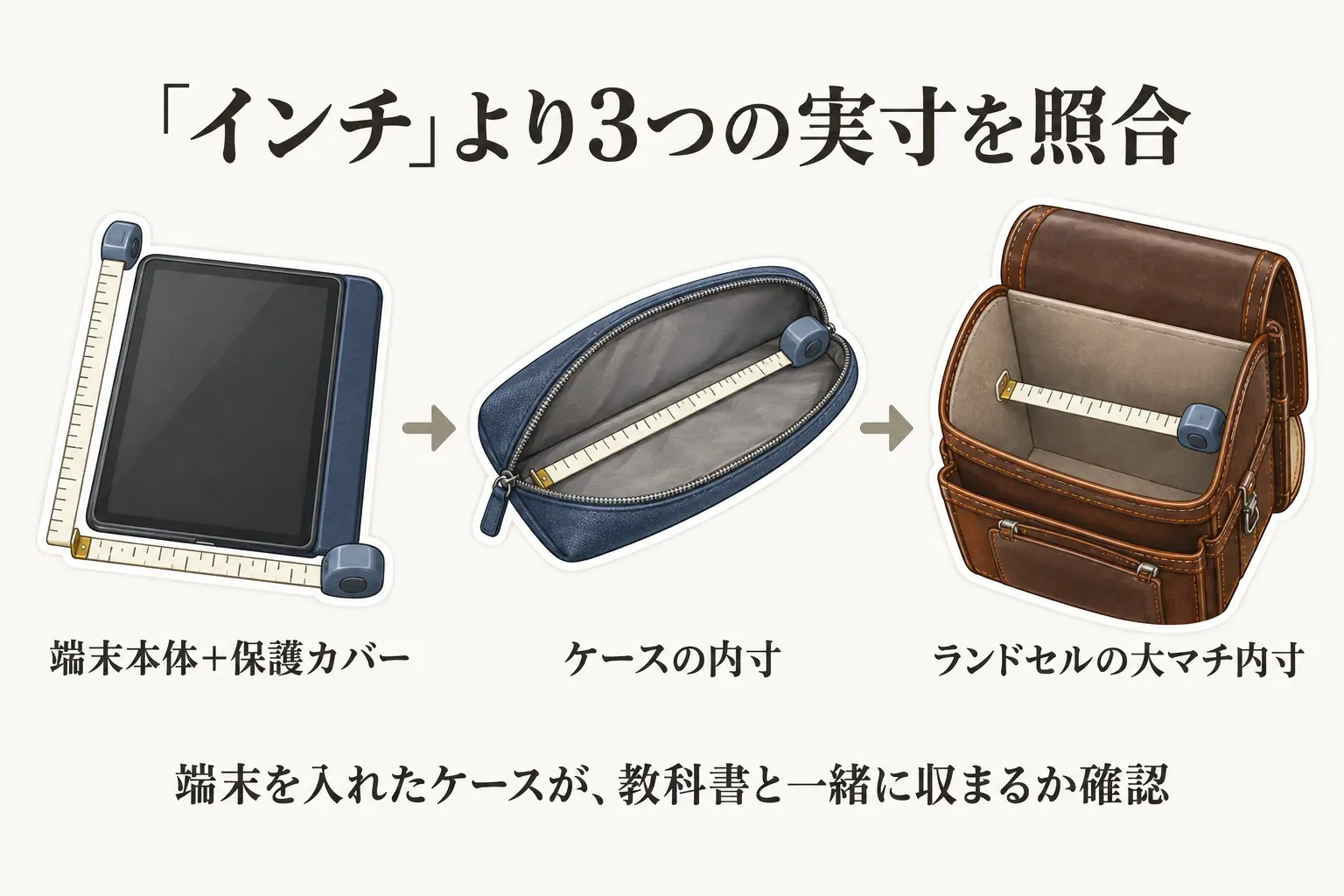 「インチ」表記より端末本体と保護カバー、ケースの内寸、ランドセルの大マチ内寸という3つの実寸を順に測る図。端末を入れたケースが教科書と一緒にランドセルへ収まるか確認するよう示している。
