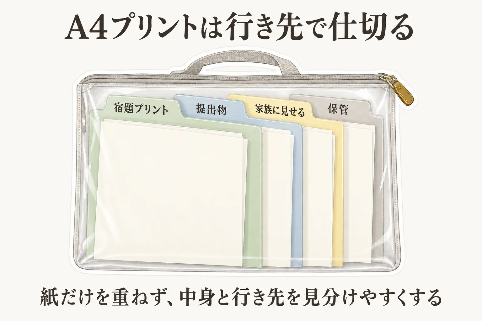 A4プリントの行き先を4つに分ける連絡袋の図。透明な袋の中に「宿題プリント」「提出物」「家族に見せる」「保管」と書かれた仕切りを並べ、紙を重ねず中身と行き先を見分けやすくする様子を示している。