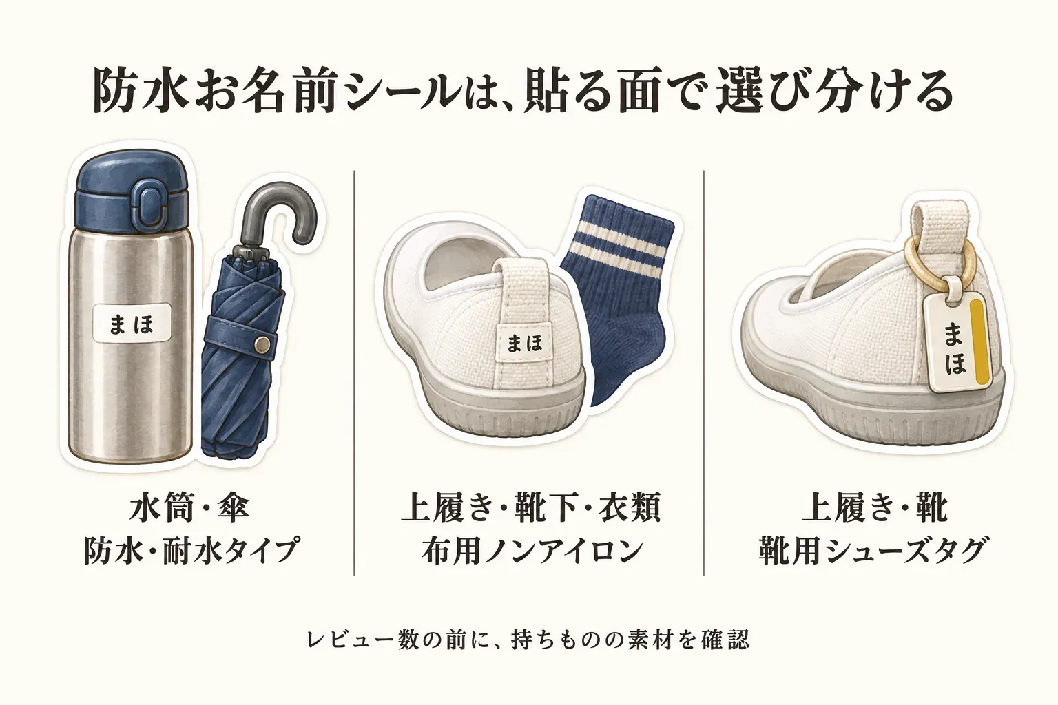 防水お名前シールを貼る面で選び分ける図。水筒・傘には防水・耐水タイプ、上履き・靴下・衣類には布用ノンアイロン、上履き・靴には靴用シューズタグを示し、レビュー数の前に持ち物の素材を確認するよう案内している。